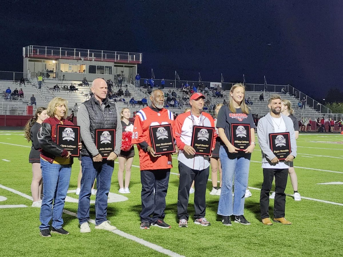 Central Athletic Hall of Fame inductees from left to right: Peggy Ledoux for Chris Ledoux, John Godina, Don Westbrook, Barry Ward for Boyd Dowler, Hillary Carlson, Bryce Meredith.